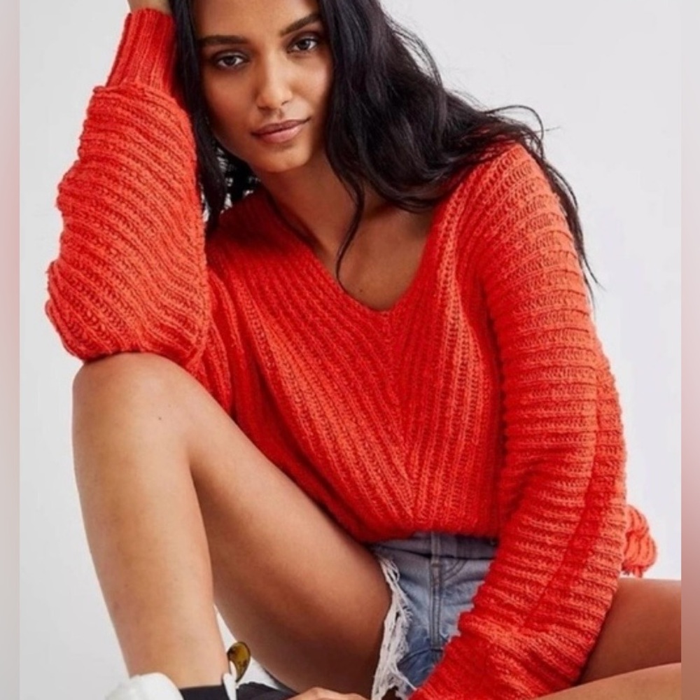 Free People Sunset V-neck chunky knit sweater cotton blend, oversized, beach M